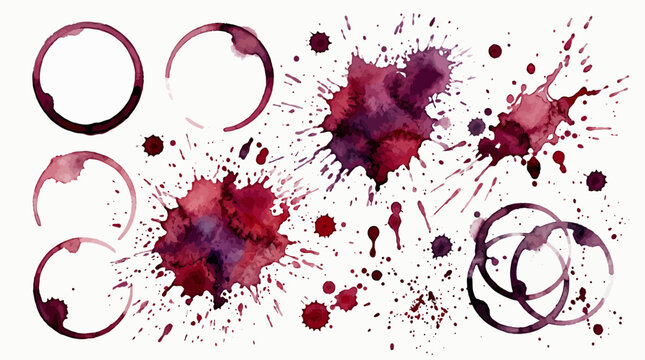 Collection of red wine stains, glass ring marks and artistic watercolor splatters with ink drips on a white background, Represents creative menu design and provides authentic texture