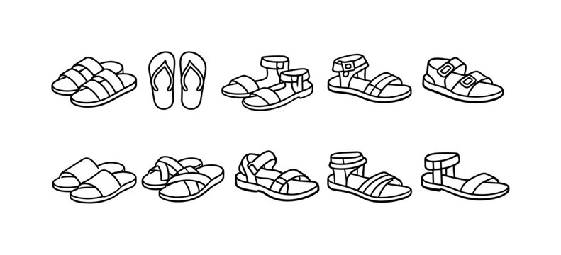Collection of simple line art drawings of various summer sandals and flip-flops