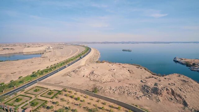 wide shot aerial view of lake naser and high dam in aswan, egypt