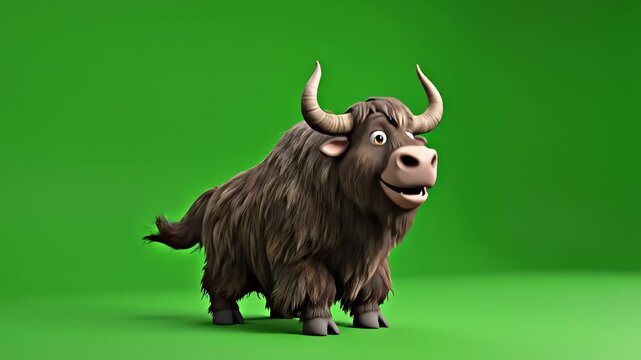 Yak Cartoon Animated Buffalo Character Standing on Green Screen for Creative Content