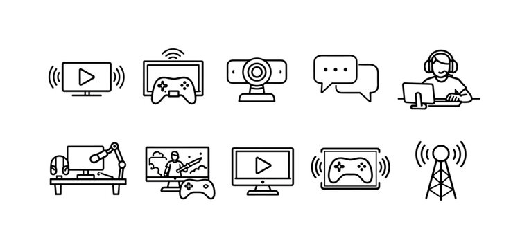 Collection of gaming and streaming icons including controllers, monitors, and broadcasting equipment