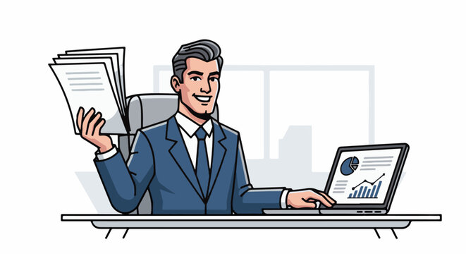 Smiling man in suit with papers and laptop displaying charts