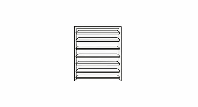Simple line drawing of a white shelf unit with seven horizontal tiers