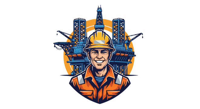 Smiling oil rig worker in hard hat and orange uniform