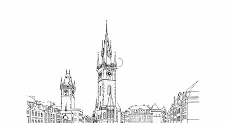 Fototapeta premium Sketch of old European town square with clock towers and buildings