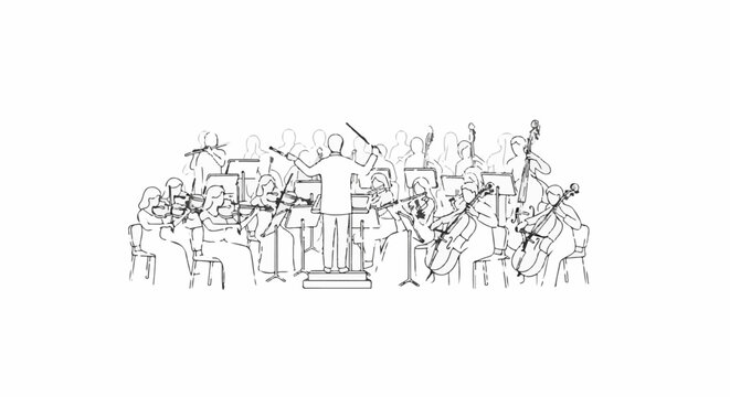 Sketch of orchestra members playing instruments with conductor leading