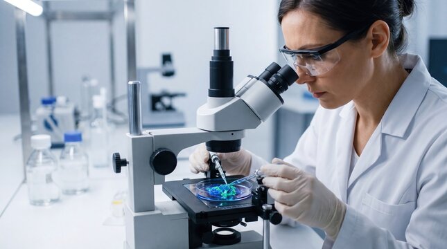 Female scientist in lab coat examining biological sample under microscope in modern laboratory, medical research and biotechnology innovation for healthcare and pharmaceutical