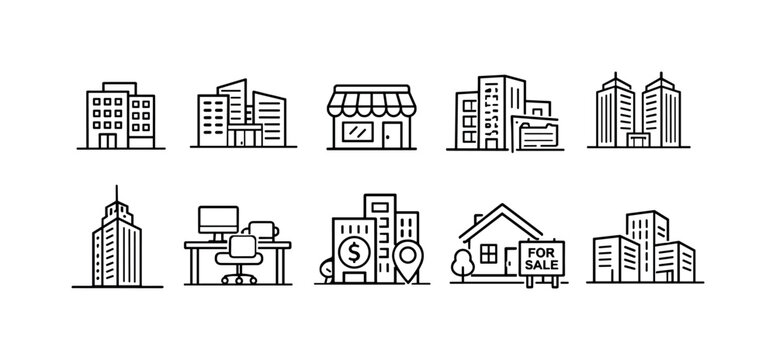Collection of simple line icons representing various commercial and residential properties
