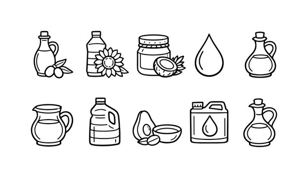 Collection of various cooking oils and ingredients in simple line art style