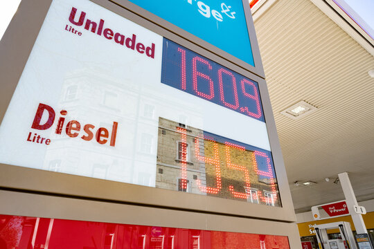 Fuel prices displayed outside a petrol station in central London, the price of unleaded petrol and diesel during the ongoing US-Iran Gulf war.