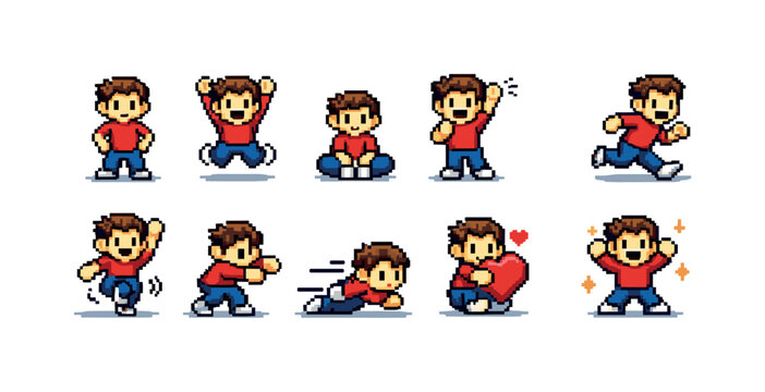 Pixel art boy character in various poses and actions for game development