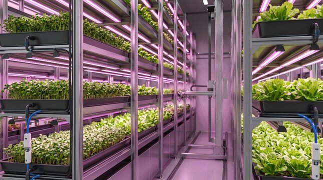 Indoor vertical farming facility with rows of hydroponic lettuce growing under purple LED grow lights on metal shelving units, showcasing advanced agricultural technology for
