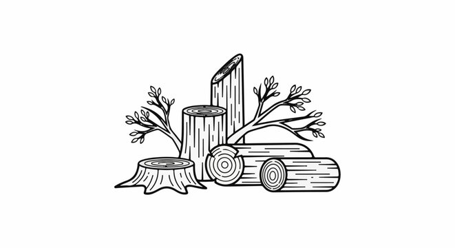 Stacked logs and tree stumps with branches and sparse leaves