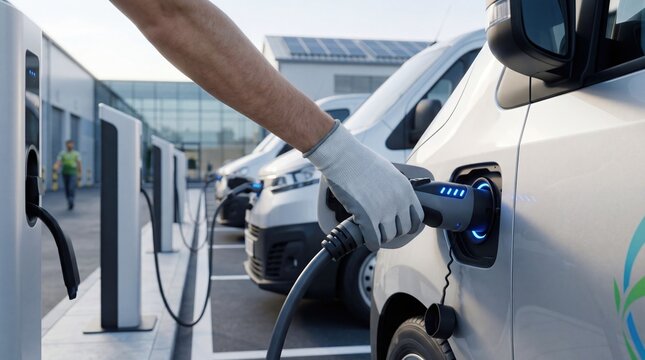 Hand plugging electric charging cable into white commercial van at green energy station, sustainable transport fleet logistics concept.