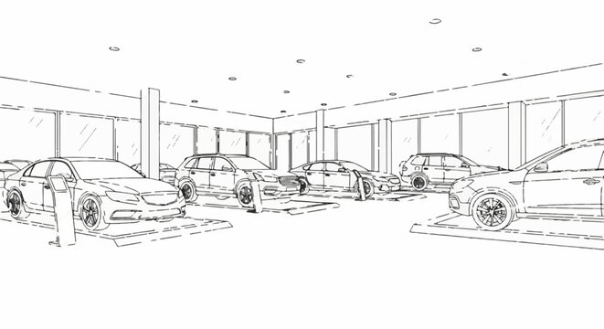 Sketch of a car dealership interior with multiple vehicles on display