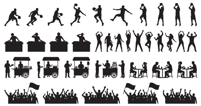 Street Basketball Block Party Silhouettes Set Pack Editable Vector Stroke Illustration. featuring more  vector, graphic, illustration, silhouette, people, human, activity, diverse silhouettes.
