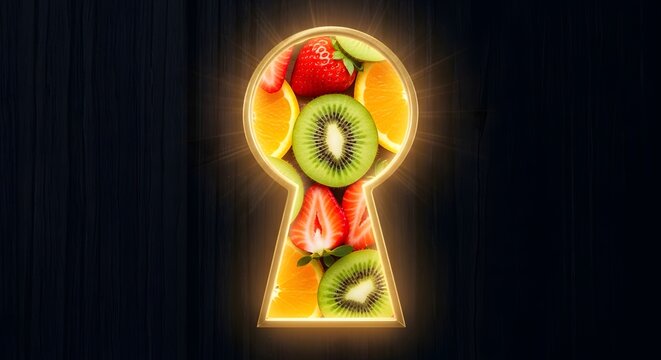 Konsep kesehatan dengan lubang kunci bercahaya berisi buah buahan segar di dinding kayu gelap