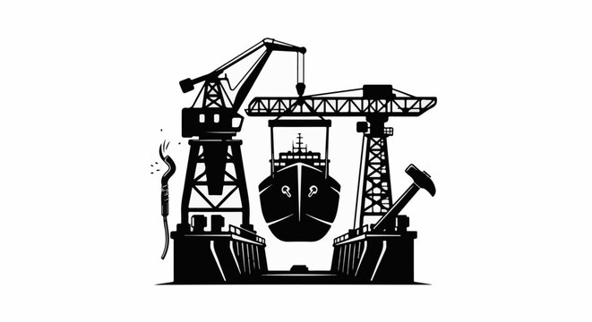 Silhouette of a ship in a dry dock with cranes and tools