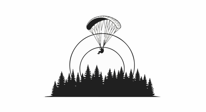 Silhouette of a paraglider soaring over a dense forest canopy under arches