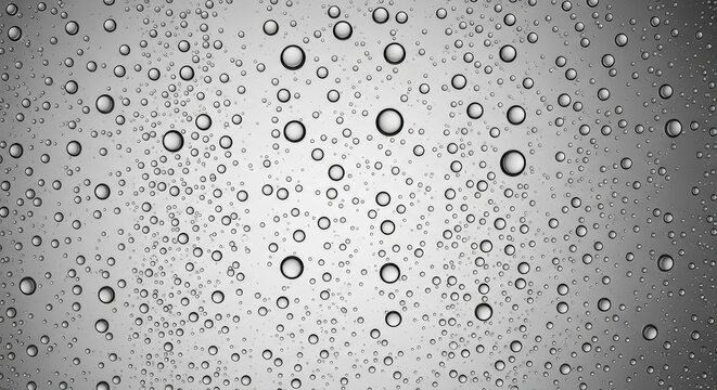 Clear water droplets on glass surface, transparent liquid drops background, monochrome condensation texture for spa and purity concepts