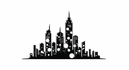 Naklejka premium Silhouette of a modern cityscape with varied tall buildings and circular window designs