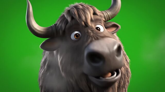 Yak Cartoon Animated Bison Character Walking Toward Camera on Bright Green Screen Background