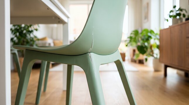 Cracked plastic chair leg in modern home interior