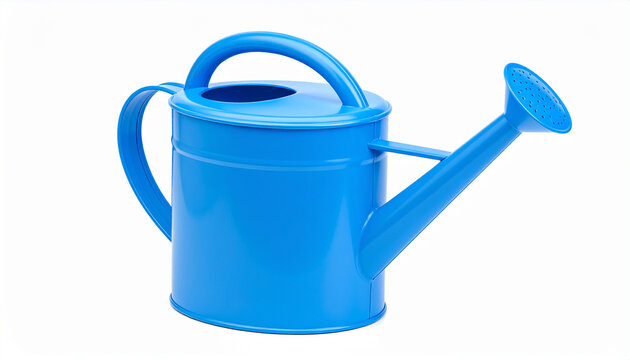 Bright blue metal watering can with a round handle and a shower head
