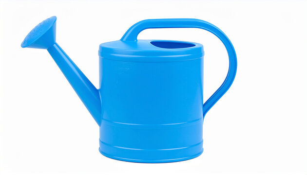 Bright blue plastic watering can with a curved handle and shower head