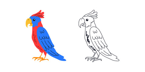 Obraz premium Colorful Cartoon Parrot and Black Outline Version. Hand Drawn Tropical Bird Character.