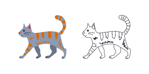 Obraz premium Colorful and Black Outline Versions Striped Domestic Kitty. Isolated on White Background. Hand Drawn Simple Pet Illustration