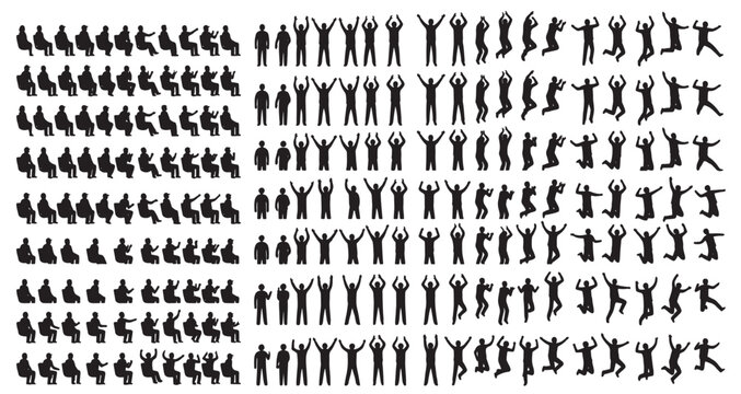 Stadium Fan Wave Sequence Silhouettes Set Pack Editable Vector Stroke Illustration. featuring more  people, silhouettes, crowd, stadium, celebration, waves, jumping, sitting, cheering silhouettes.
