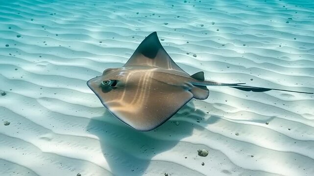A beautiful stingray swimming gracefully over the shallow sandy sea floor.