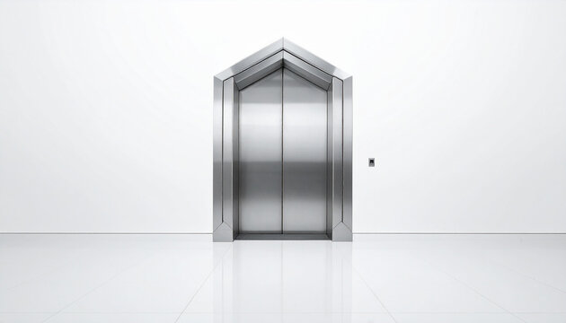 Modern metallic elevator doors with a sharp angular frame in a minimalist white interior