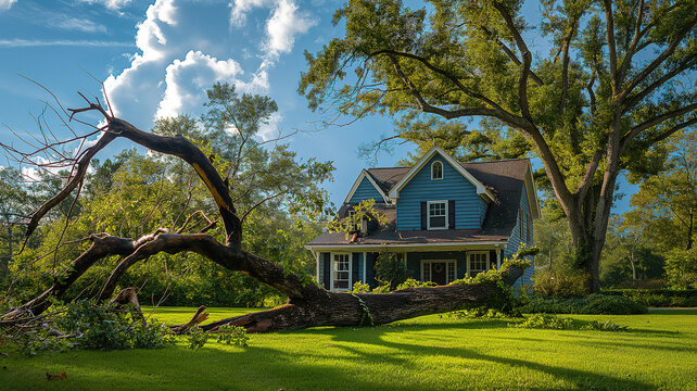 Broken tree limb hanging over a house after a storm daytime exterior