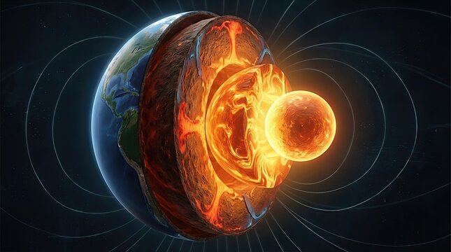 Earth planet cross section displaying internal structure, vibrant glowing inner core, fluid outer core, dense solid mantle, rigid thin crust, active tectonic plate, geosphere layer.