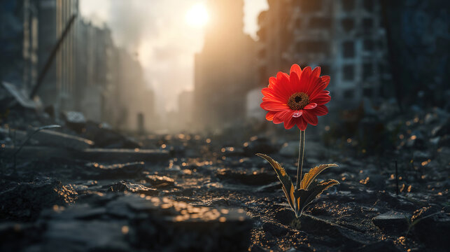 Red flower growing amidst rubble and destruction in a war torn city