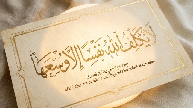 ​Elegant Islamic calligraphy on old parchment paper featuring Surah Al-Baqarah 2:286. Gold ink Arabic script: Allah does not burden a soul beyond that which it can bear. Spiritual relief