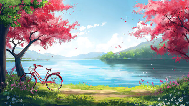 Scenic landscape painting with red bicycle by a lake and blooming trees