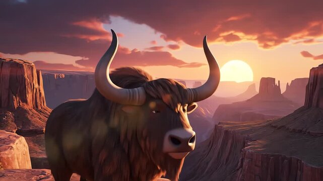 Yak Cartoon Large prehistoric mammoth walking across rocky desert landscape at sunset with dramatic shadows and warm lighting