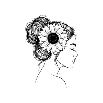 woman with a sunflower in her messy bun eyes closed in a peaceful line art profile illustration for beauty and nature concepts