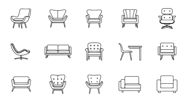 Set of Architectural Furniture Icons for AutoCAD 2D Interior Design, Featuring Sofa and Couch Elevation Blocks for Technical Blueprint Drafting and Floor Plans.