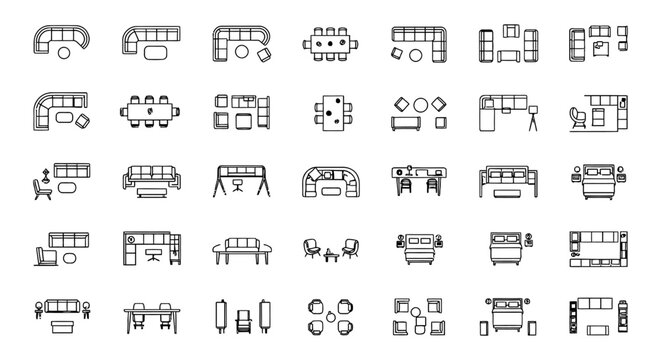 Architectural Furniture CAD Block Library for Interior Design Floor Plans with AutoCAD 2D Sofa and Couch Vector Icons for Technical Blueprints and Planning Projects