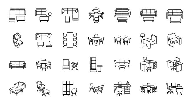 Collection of Architectural Furniture CAD Blocks including Sofa and Couch, Dining Tables, and Office Desks for 2D CAD Floor Plans, Interior Design, and Technical