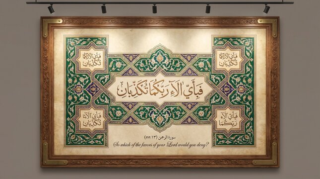 Intricate Islamic wall art in vintage wooden frame featuring Surah Ar-Rahman 55:13. Ornate green and gold patterns with Arabic calligraphy: So which of the favors of your Lord would you deny?