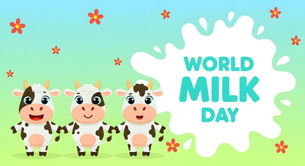 Fototapeta premium World milk day celebration with cartoon cows and milk splash