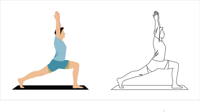 Man practicing yoga warrior 1 pose on mat, illustration and line art