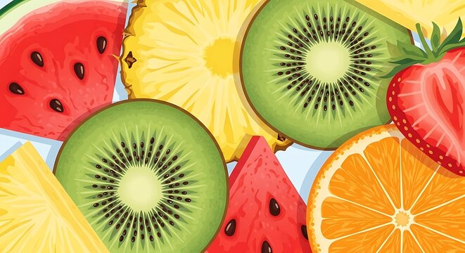 Colorful Sliced Fruits Bright Juicy Kiwi Orange Pineapple Watermelon Strawberry