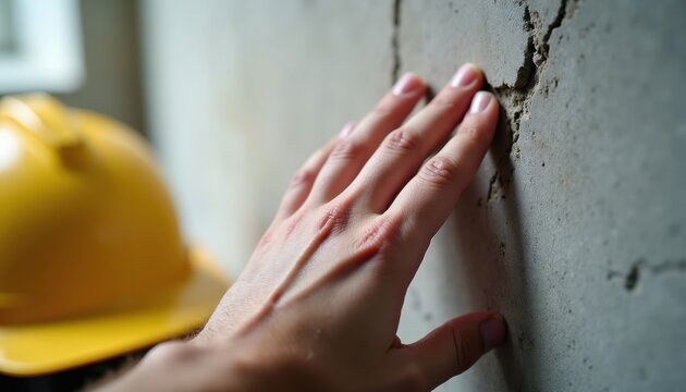 Hand touches rough concrete wall surface checking for structural issues. Yellow hard hat rests nearby. Building inspection shows visible crack damage, posing potential safety risks. Concrete