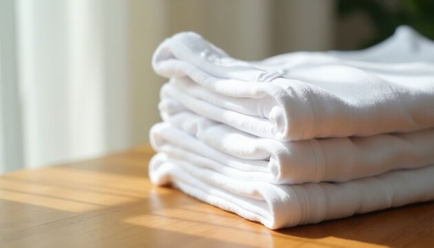 Neatly folded stack of clean white t shirts rest on wood surface. Soft fabric catches warm sunlight near window, suggesting freshness and simple home organization.